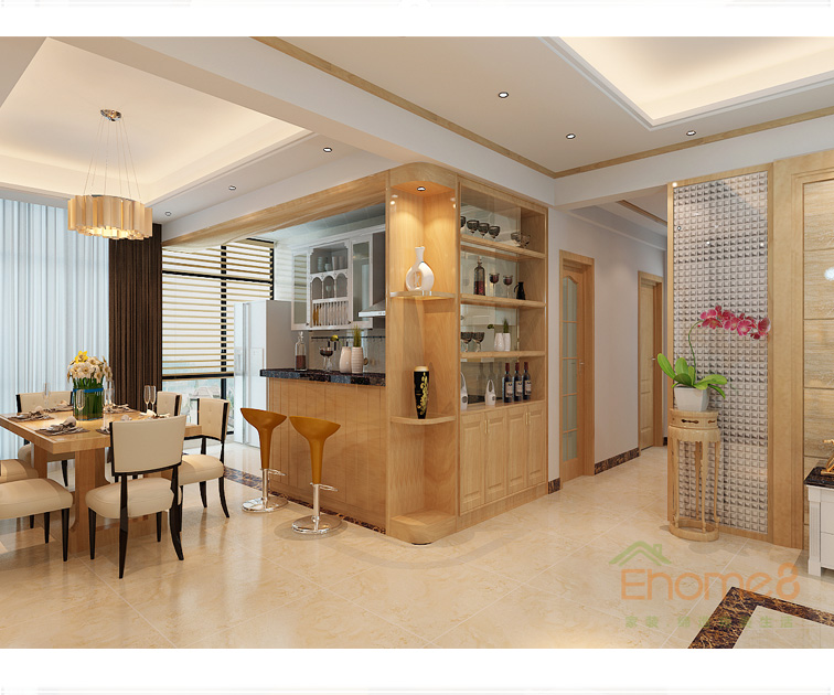 大城小院淺黃色餐廳酒柜效果圖