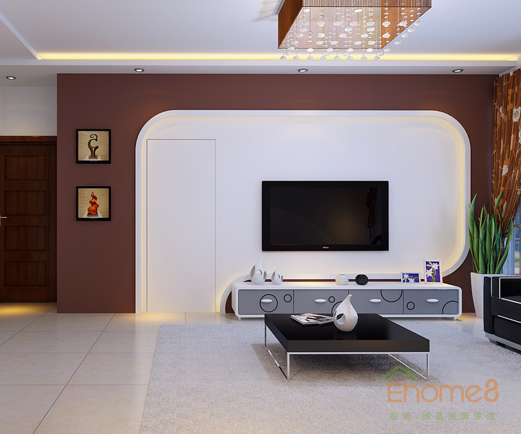 67㎡兩房一廳美式風(fēng)格客廳吊燈電視墻裝修效果圖1