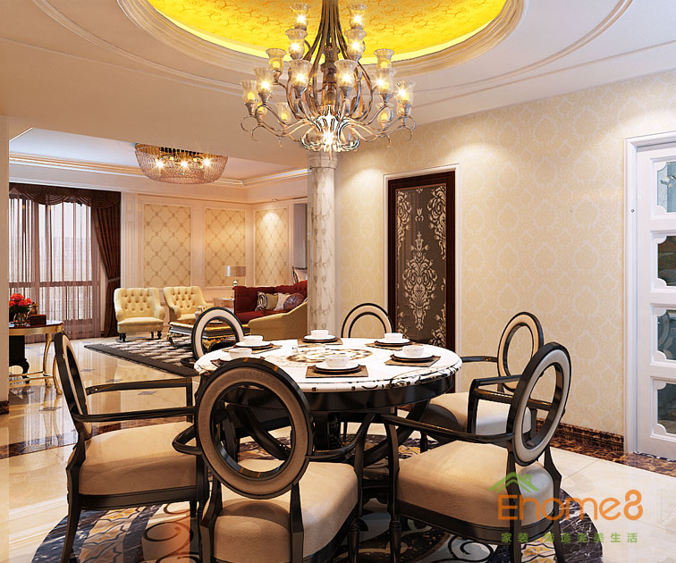 108㎡三房一廳法式風格餐廳吊燈餐桌裝修效果圖96
