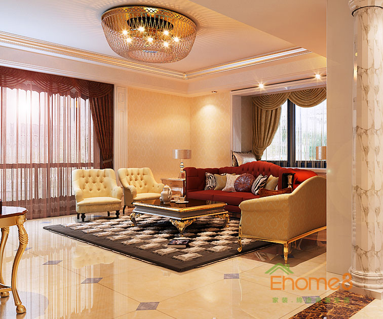 108㎡三房一廳法式風格客廳吊燈沙發裝修效果圖