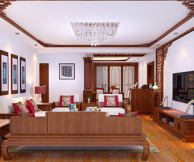 76㎡兩房一廳現代中式風格客廳全景裝修效果圖