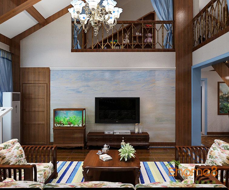 168㎡躍層地中海原木風格客廳背景墻裝修效果圖.jpg