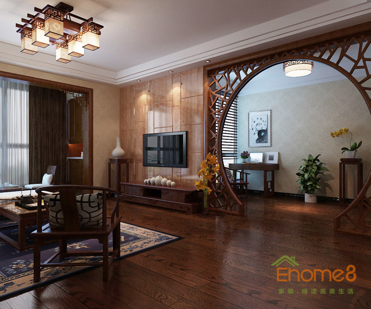 106㎡三房一廳中式風(fēng)格客廳過道裝修效果圖