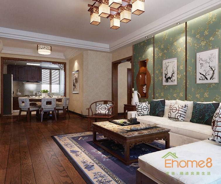 106㎡三房一廳中式風(fēng)格客廳沙發(fā)裝修效果圖