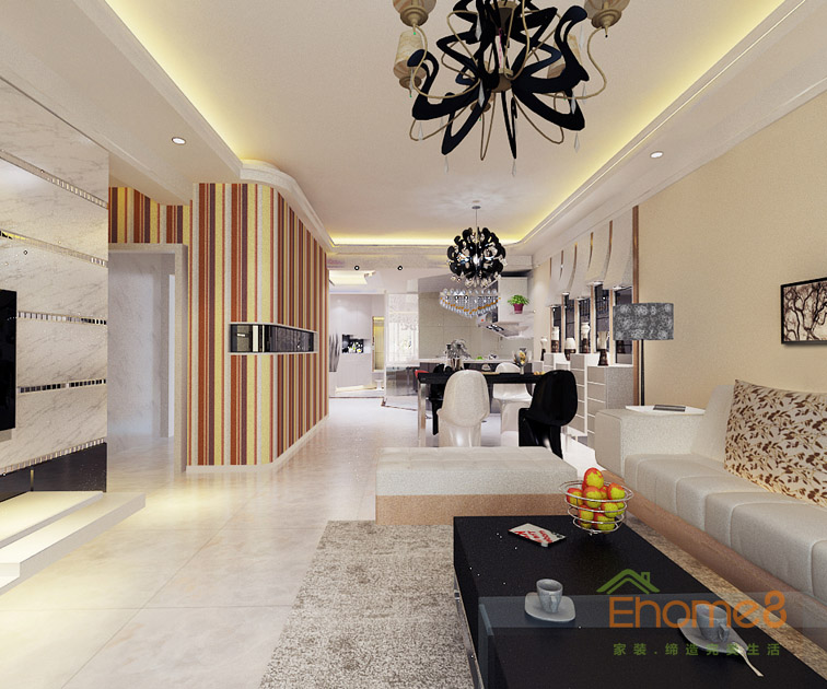 78㎡兩房一廳美式風格客廳餐廳裝修效果圖