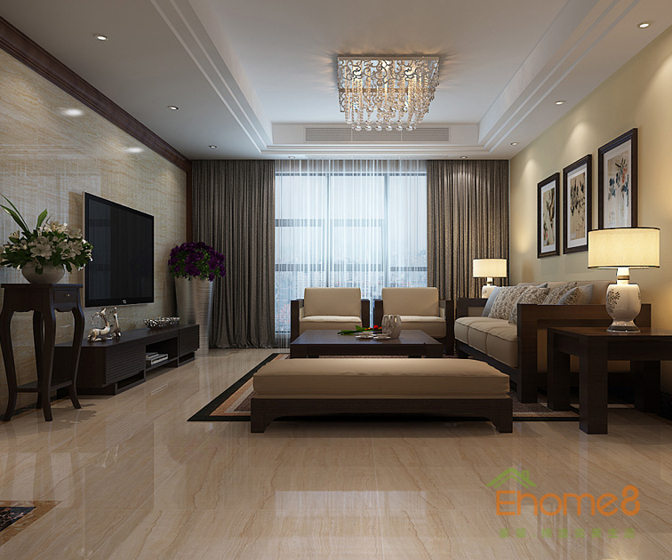 95㎡三房一廳美式風(fēng)格客廳全景裝修效果圖