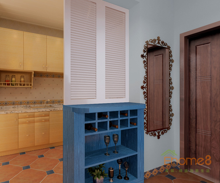 73㎡兩房一廳地中海風格過道酒柜裝修效果圖