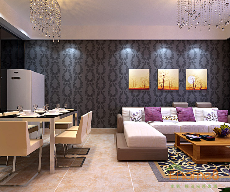 75㎡兩房一廳現代簡約風格客廳沙發背景墻裝修效果圖