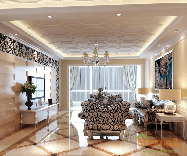 105㎡三房一廳歐式風格客廳全局裝修效果圖